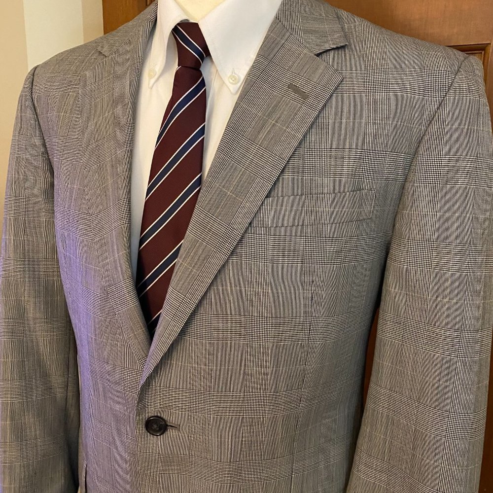 Jos. A. Bank Wool Prince of Wales Check Sport Coat Mens 42R‎ Gray Jacket Blazer